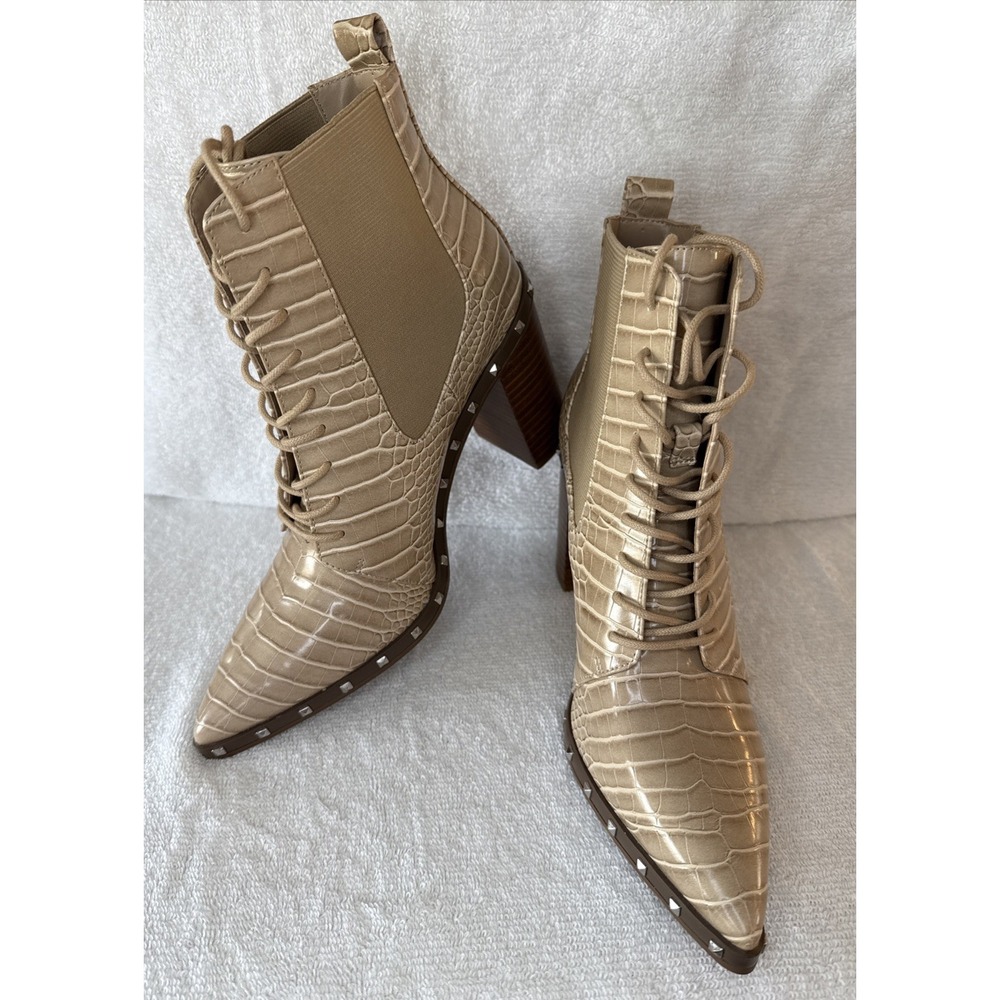 Charles by Charles David Debate Croc Embossed Studded Lace Up Bootie Nude 7.5